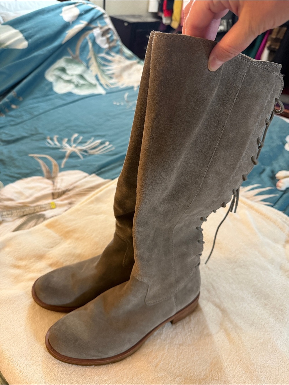 Suede Knee-High Lace-Up Boots - Taupe